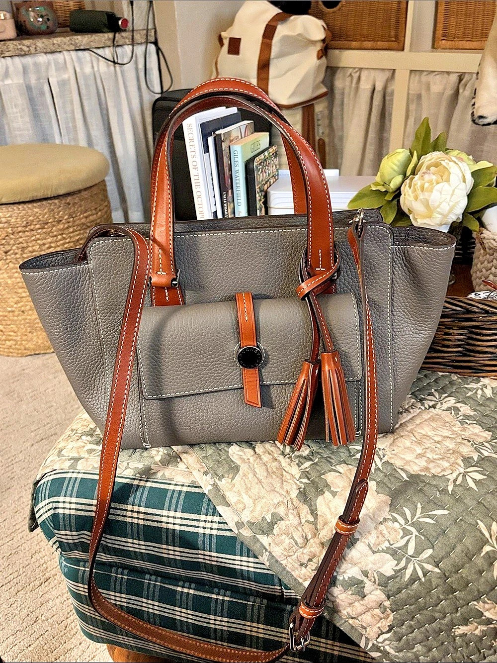 Dooney & Bourke Pebble Leather Satchel with Trim Gray & Brown